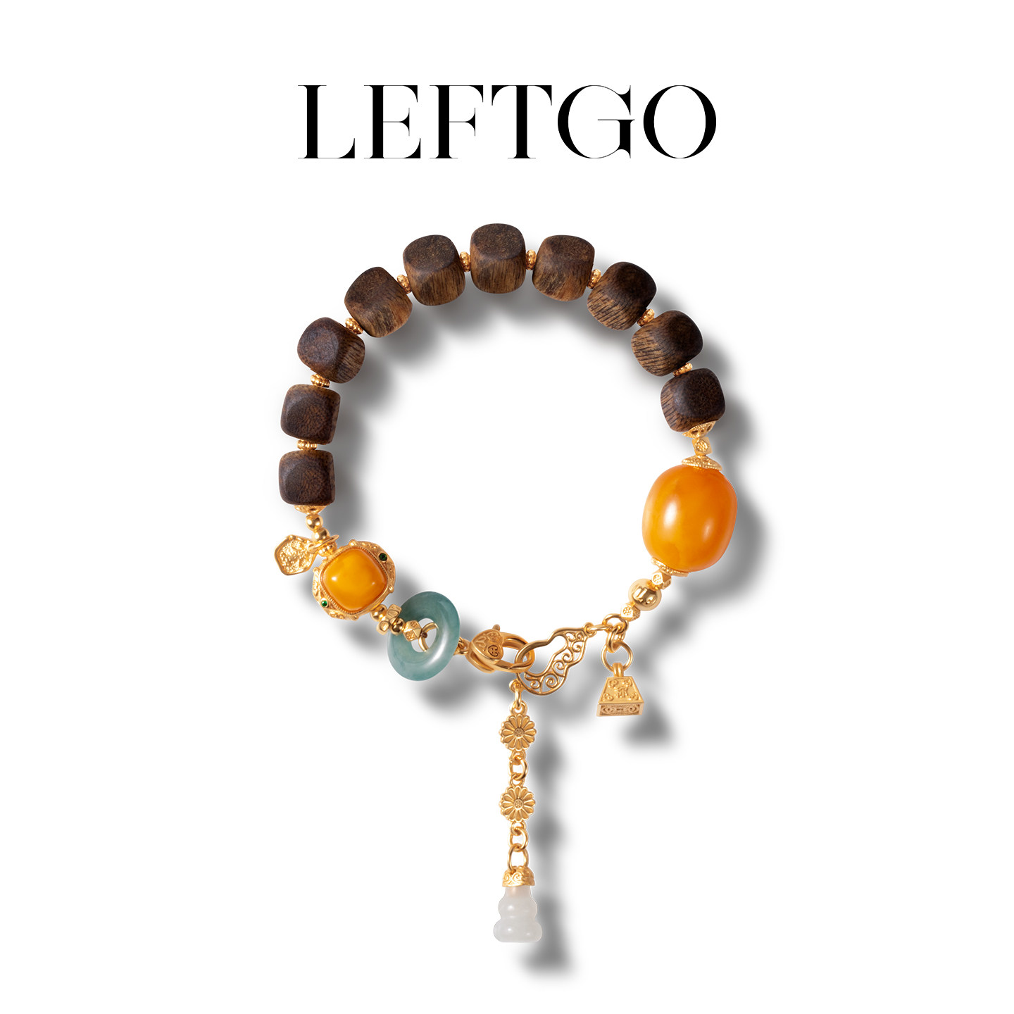 LEFTGO左戈天然沉香方糖手链女S925银镀18K金翡翠白玉老蜜蜡手串