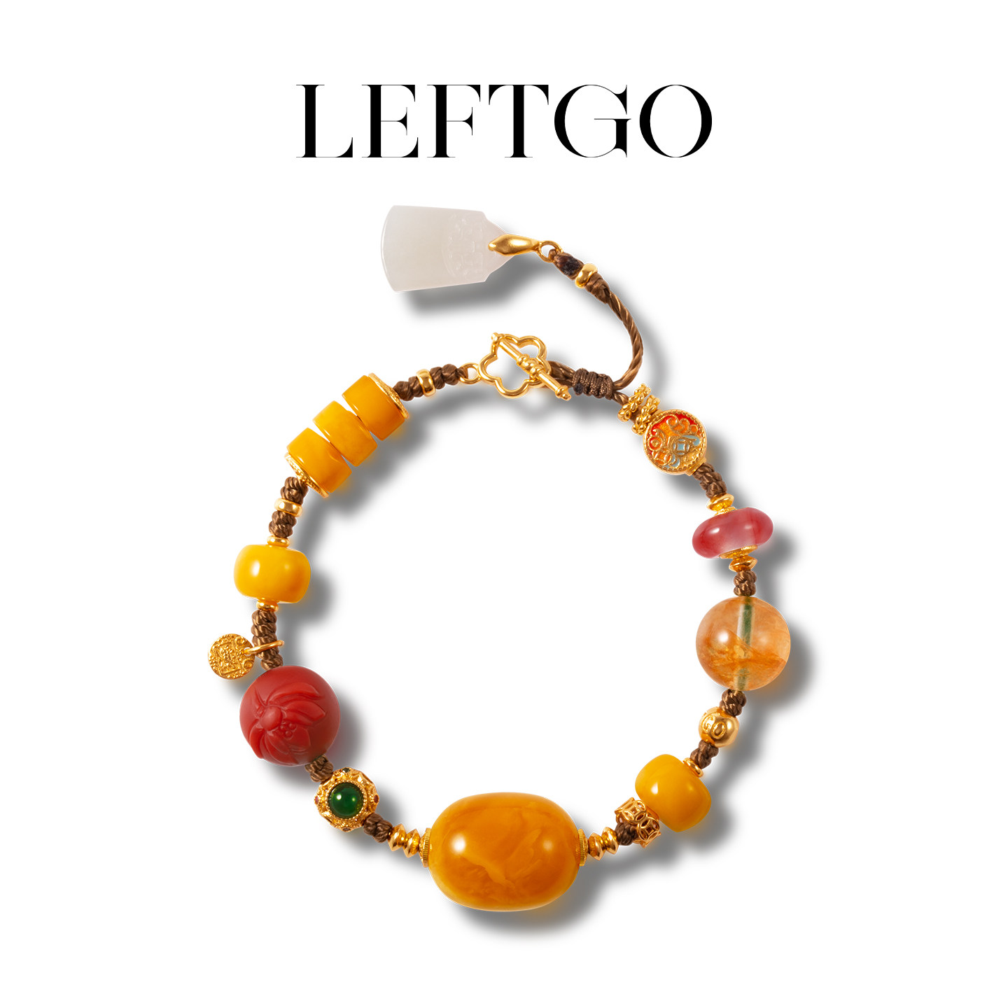 LEFTGO左戈天然俄料老蜜蜡手链女款S925银镀金南红手工编织绳手串,珠宝/钻石/翡翠,手饰,淘宝优惠券,粉丝福利购,淘宝优惠卷