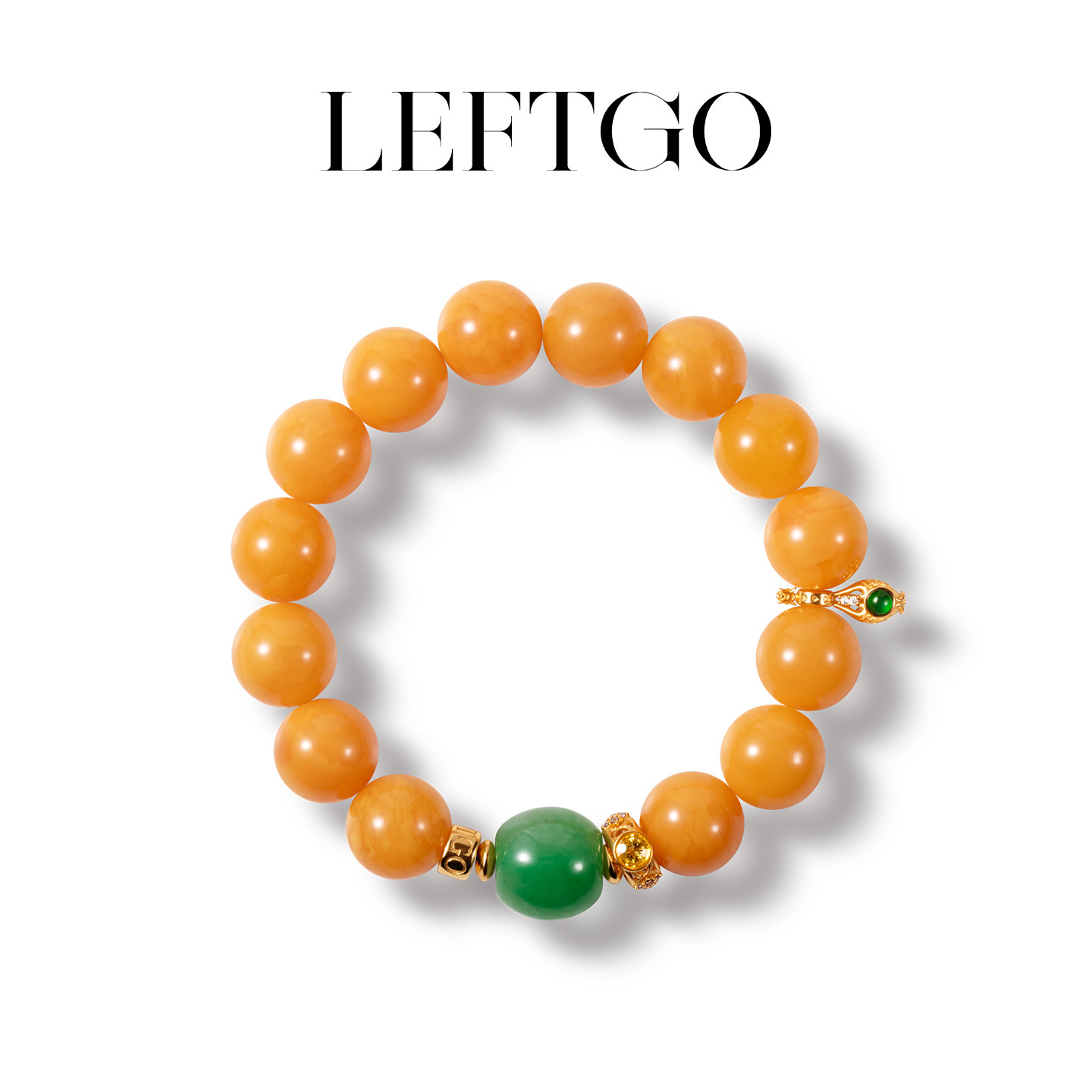 LEFTGO左戈天然老蜜蜡12mm圆珠手串S925银镀翡翠路路通手链
