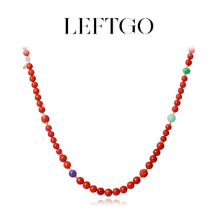 LEFTGO左戈天然南红项链女款 S925银镀18K金紫龙晶10mm圆珠毛衣链