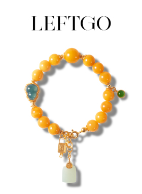 LEFTGO左戈天然蜜蜡手链女S925银镀18K金蓝水翡翠8mm圆珠手链