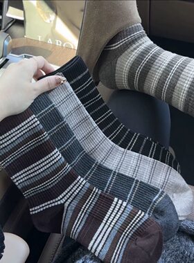 袜子女秋冬新款复古条纹ins百搭潮袜网红爆款外穿显瘦高腰长款袜