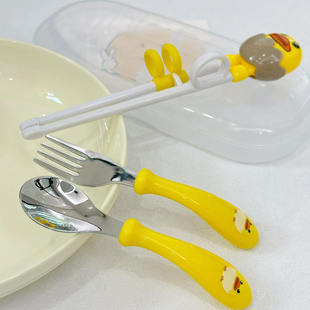 可爱儿童餐具304不锈钢宝宝辅食叉勺练习筷自主吃饭组合便捷套装