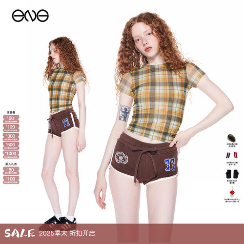 【ENG】Effet de Soleil 撞色网纱格纹短袖T恤上衣女装