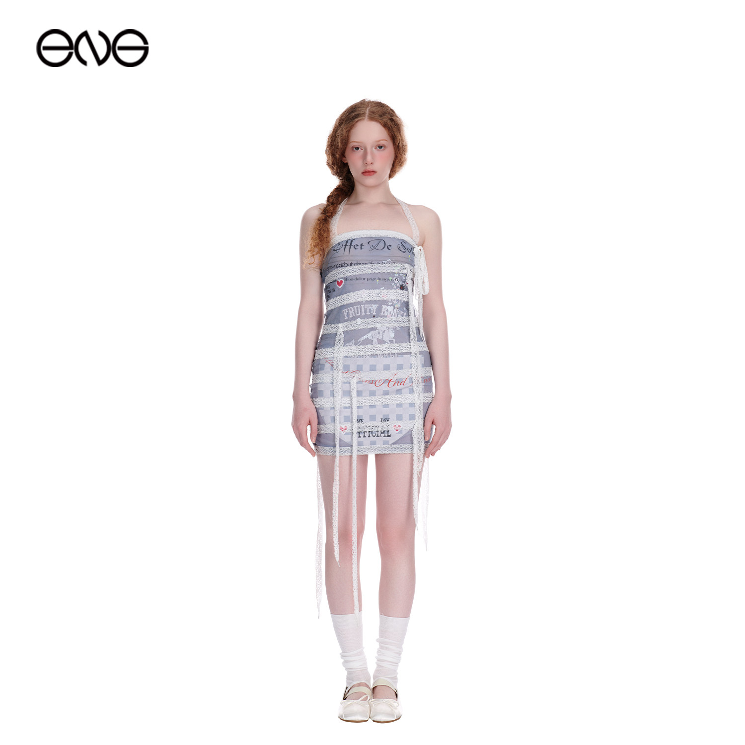 【ENG】Effet de Soleil拼接不对称报纸印花抹胸连衣裙女新品26夏