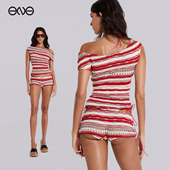 上衣条纹短裤 女 LONDON 荷叶边露肩针织短袖 ENG JADED