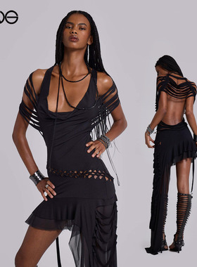 【ENG】JADED LONDON不对称镂空露背网纱连衣裙女装新品25冬