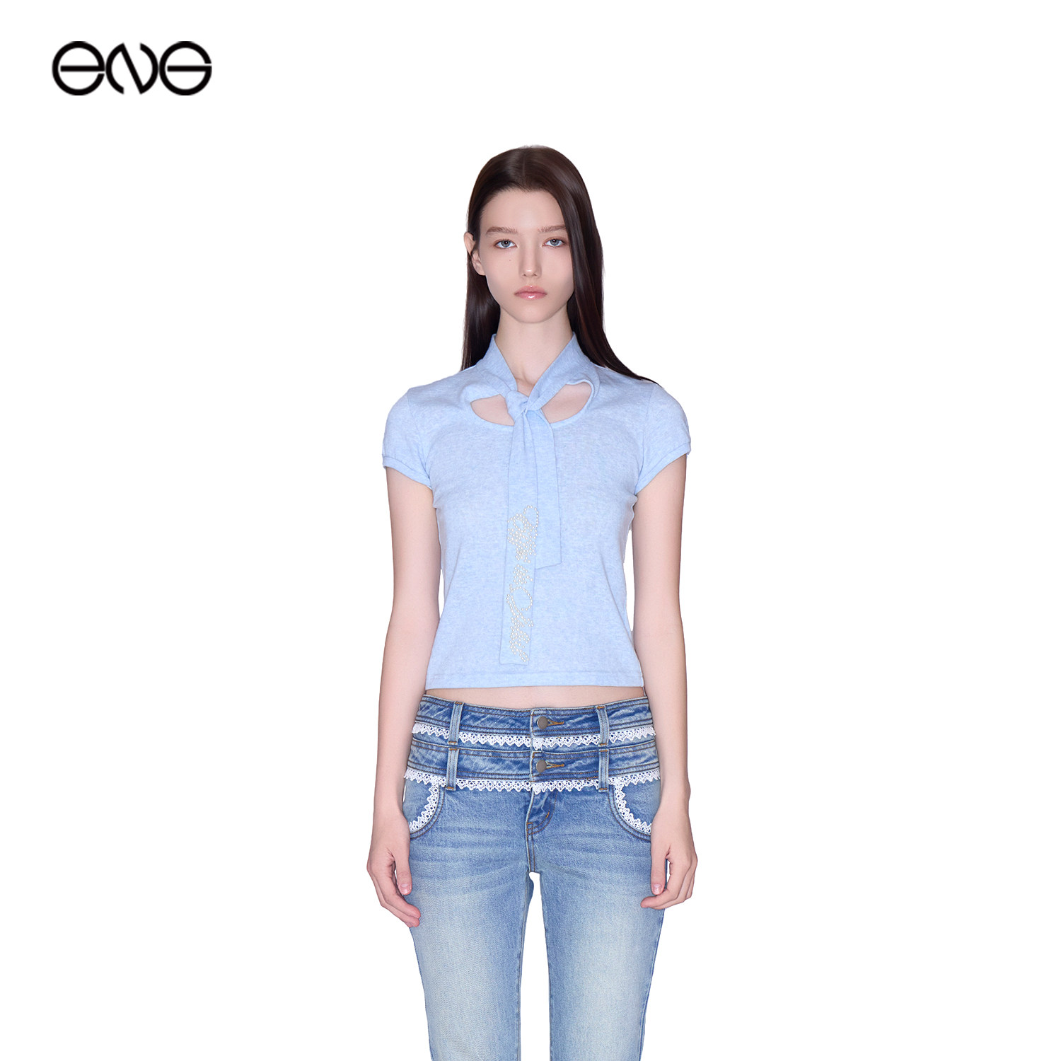 【ENG】Effet de Soleil珍珠刺绣领结短袖T恤上衣女装新品26秋