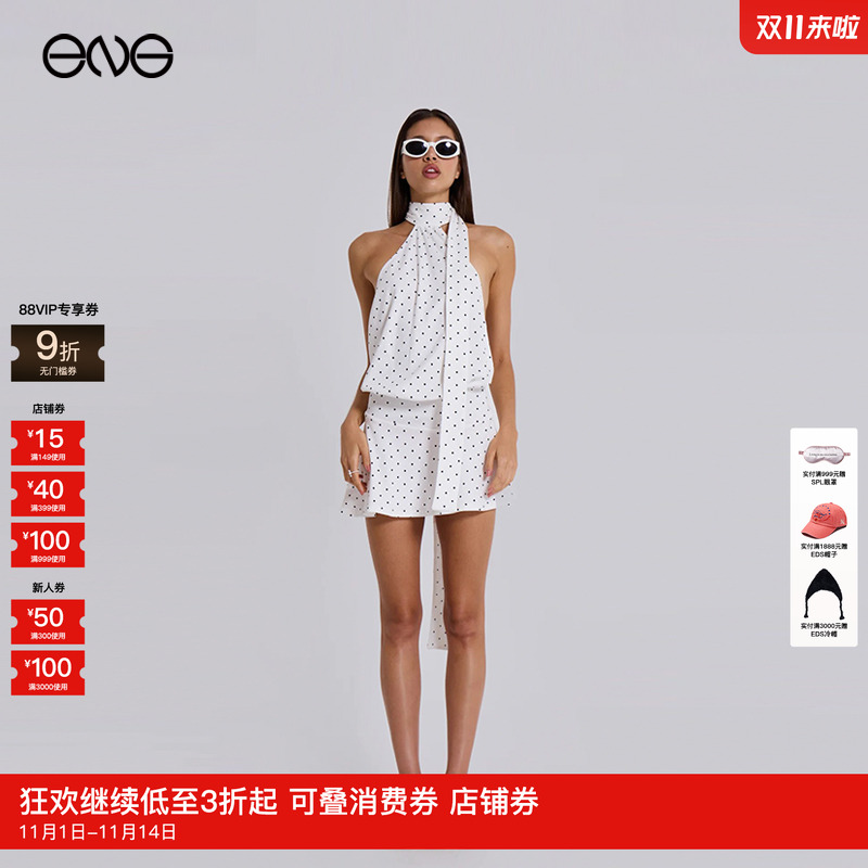 复古法式波点露背连衣裙