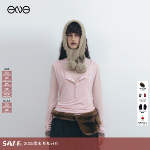 OPEN 假两件针织休闲长袖 T恤上衣女装 25秋 新品 ENG