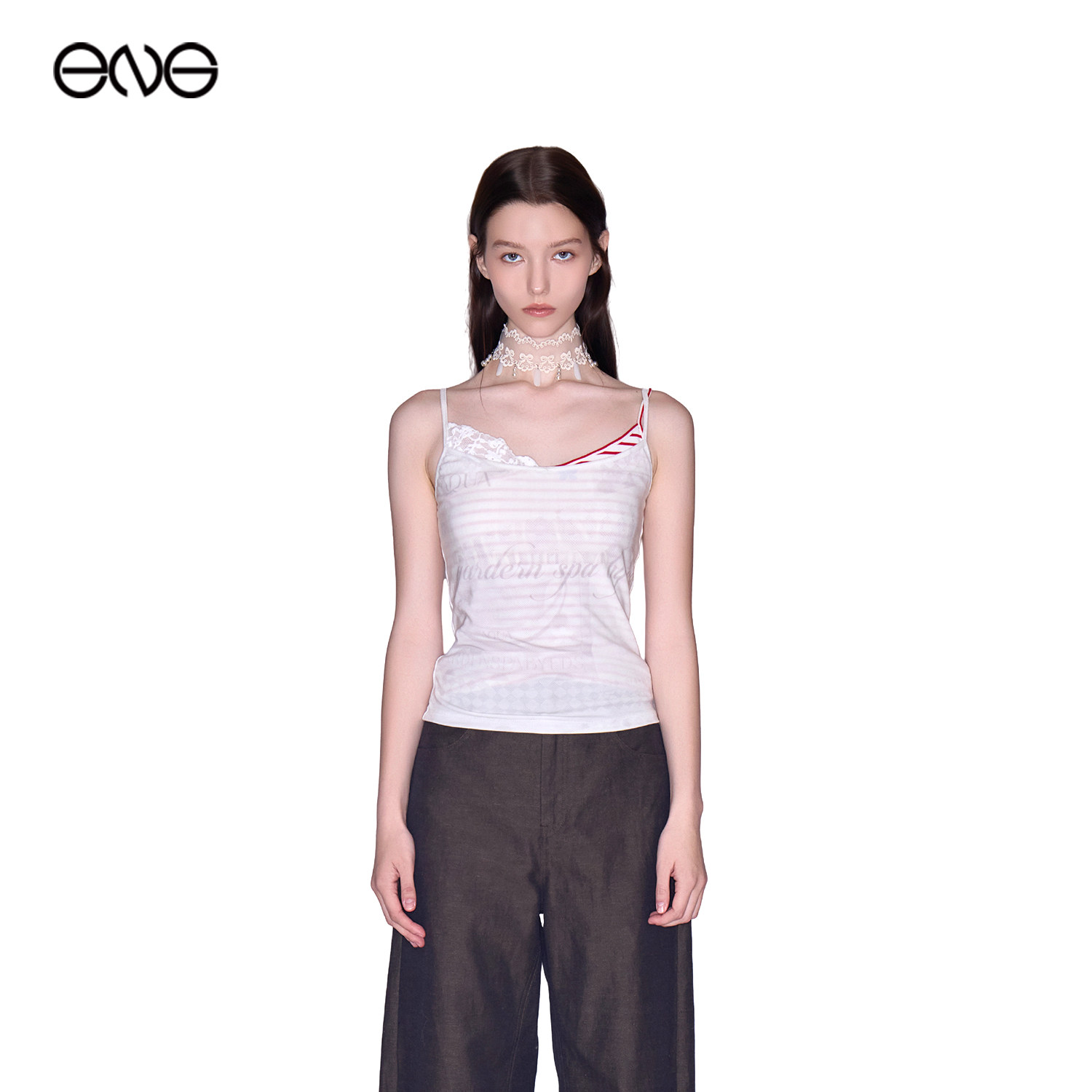 【ENG】Effet de Soleil条纹蕾丝拼接印花吊带背心上衣女新品26秋