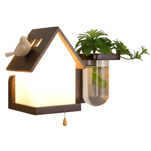 北欧壁灯创意实木水培绿植中古风卧室床头灯电视背景墙装饰氛围灯