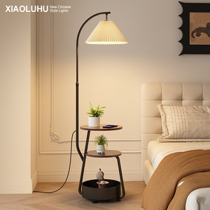 中古风落地灯高级感客厅沙发旁卧室装饰氛围灯置物架一体立式台灯
