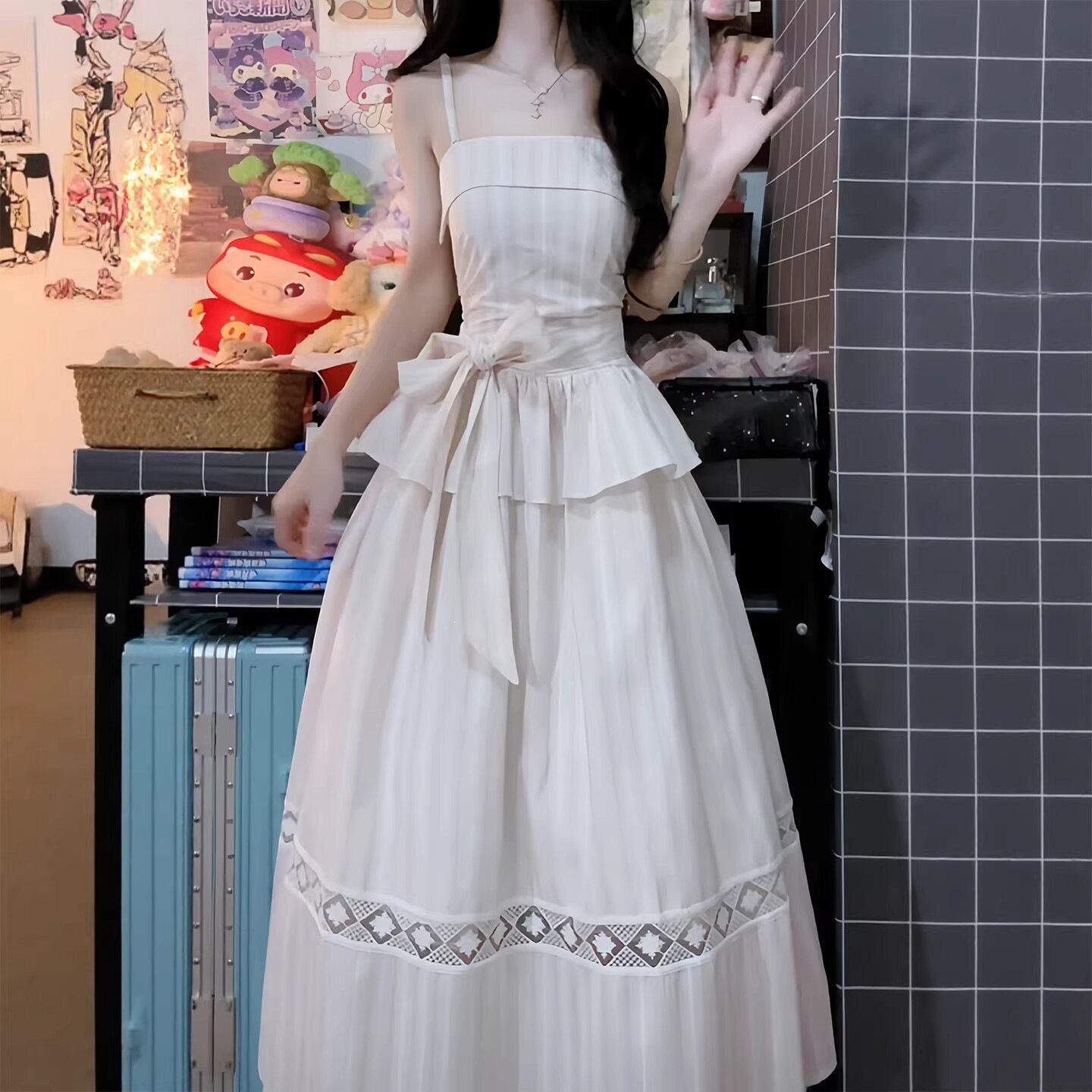 韩系甜美粉色条纹抹胸吊