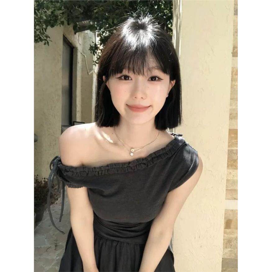 美式复古灰色蝴蝶结花边斜肩短袖t恤女夏季修身百搭设计感上衣潮