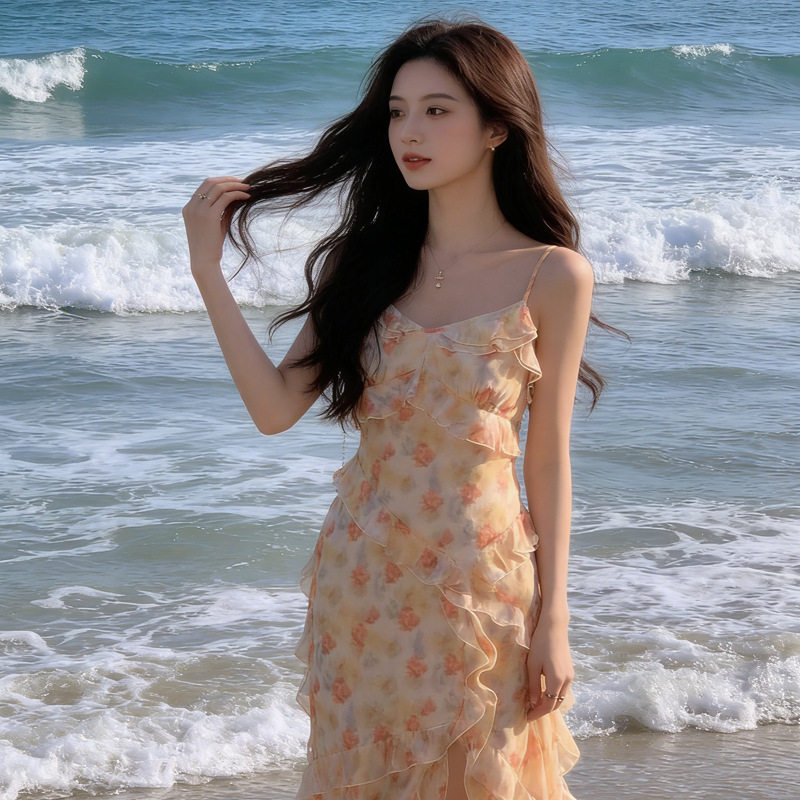 法式橘色碎花吊带连衣裙2