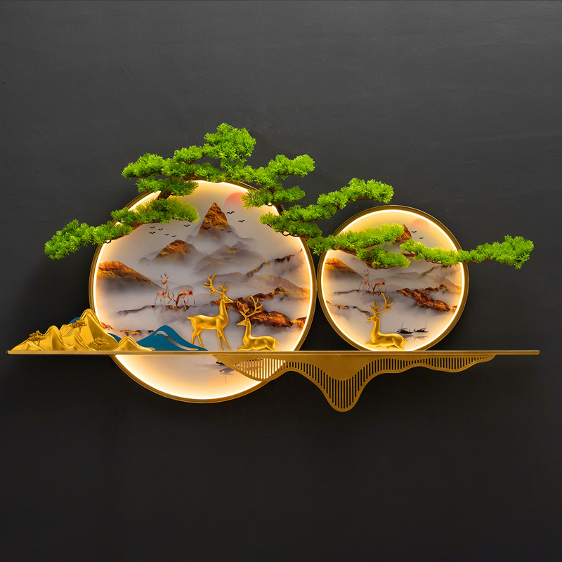 新中式装饰画客厅茶室沙发背景墙玄关过道立体迎客松带灯铁艺壁饰