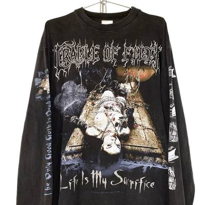 茂密有声工作室Life is my Sacrifice嘻哈复古水洗款做旧长袖T恤