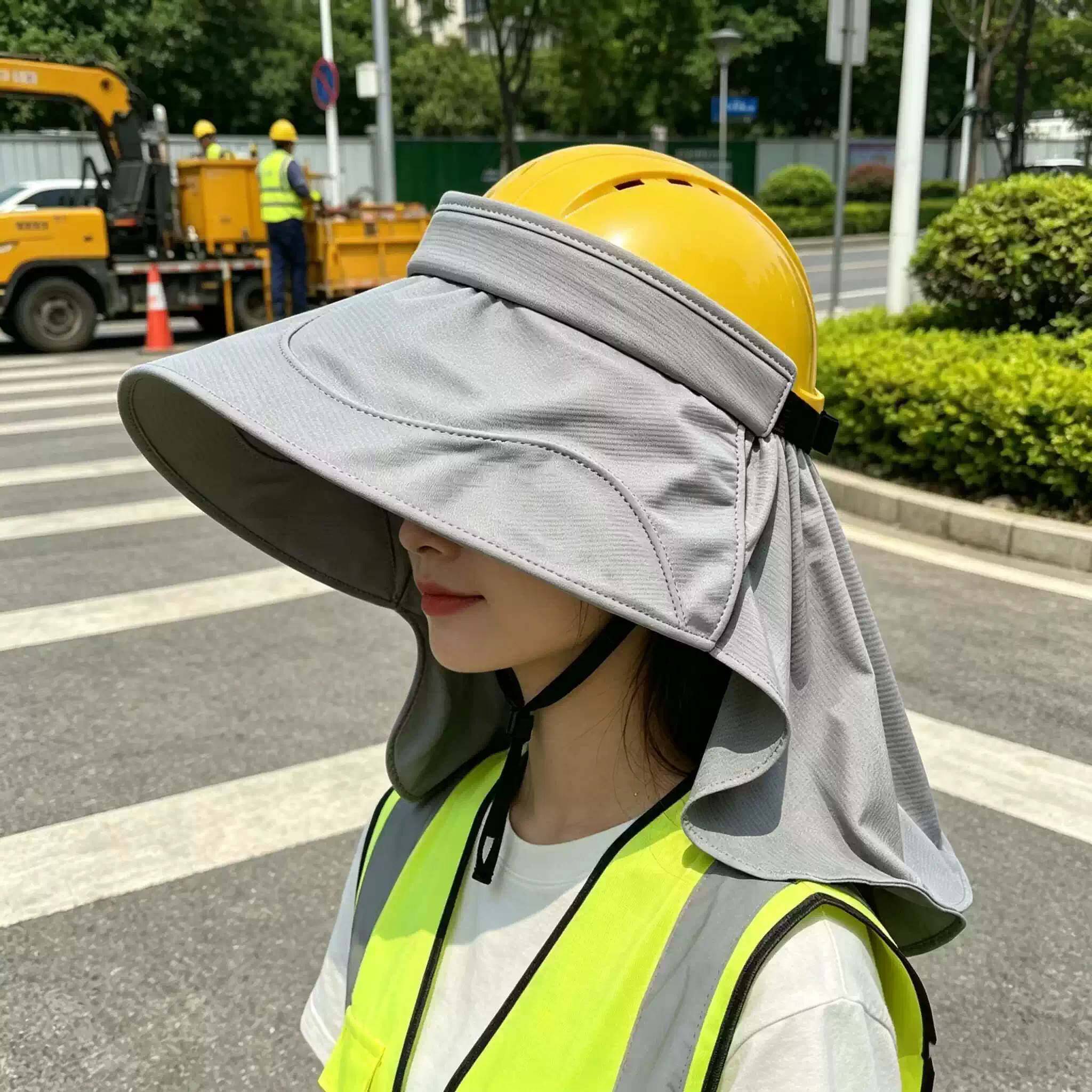 户外工地安全帽防晒檐男女夏季骑车头盔冰丝遮阳帽子防紫外线披肩