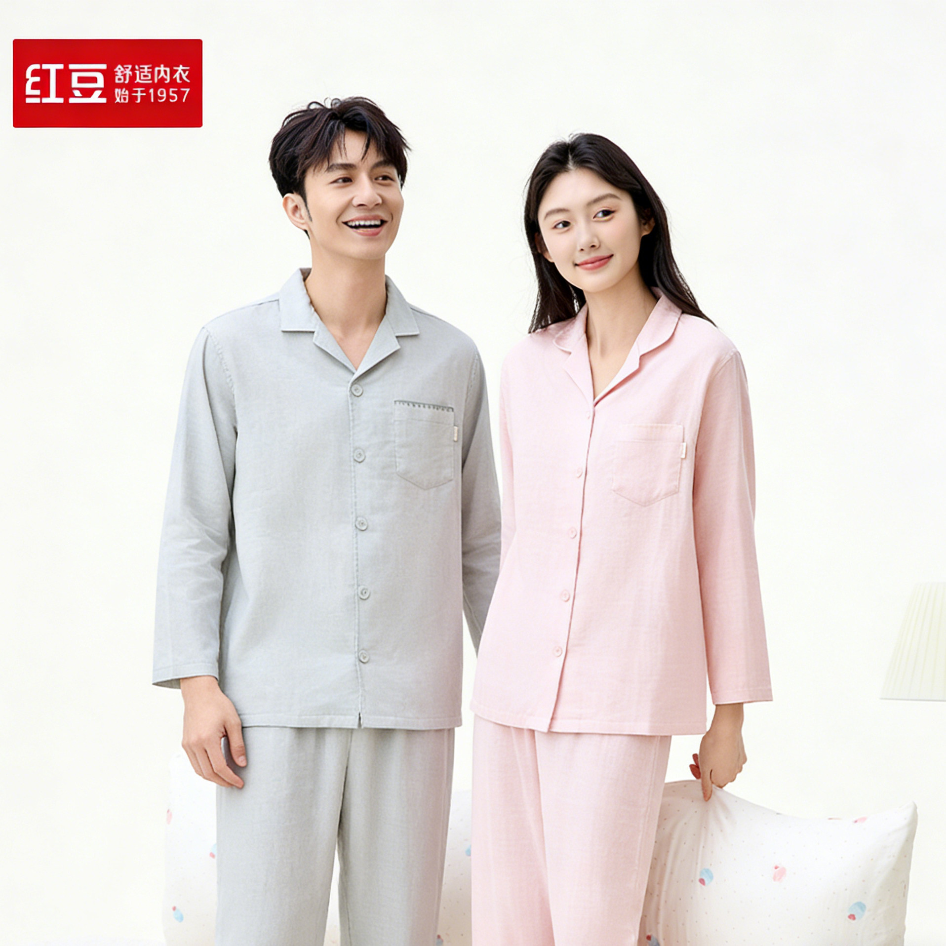 红豆居家男士全棉透气双层纱睡衣女条纹长袖情侣家居服线下同款