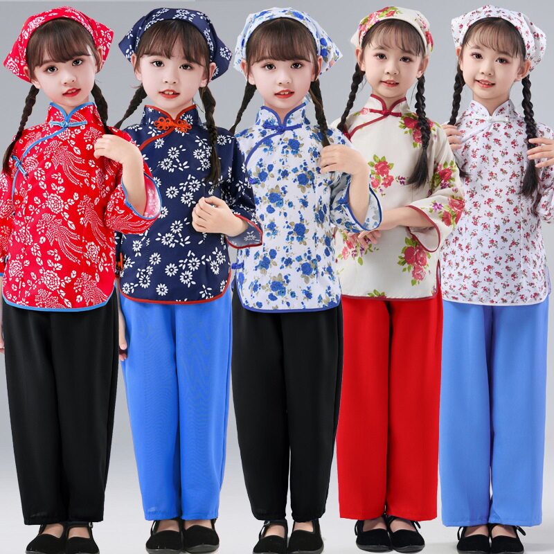 儿童村姑演出表演服采茶秧歌舞蹈农民阿庆嫂服装小女孩民族碎花戏