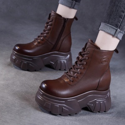 头层牛皮高跟复古短靴女秋冬单靴小个子内增高厚底马丁靴