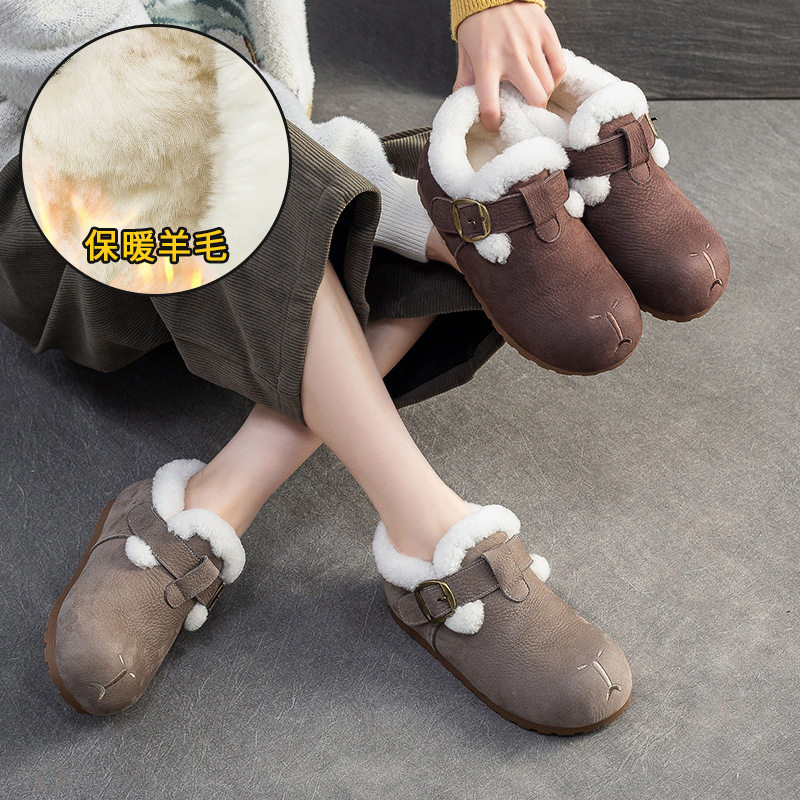 2025秋冬季新款厚底羊羔毛乐福鞋女棕色防滑保暖加厚加绒勃肯棉鞋