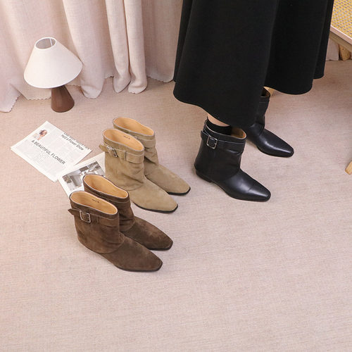 法式复古真皮骑士靴秋冬新款气质方头皮带扣短靴女英伦时尚瘦瘦靴