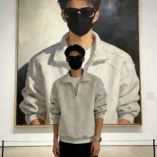 秋冬季重磅加绒灰色半拉链立领卫衣男款套头美式休闲百搭翻领上衣