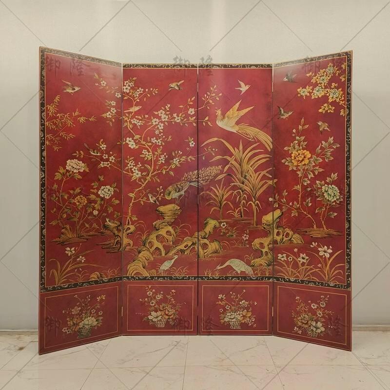 手绘中国风折屏漆画古典卧室屏风