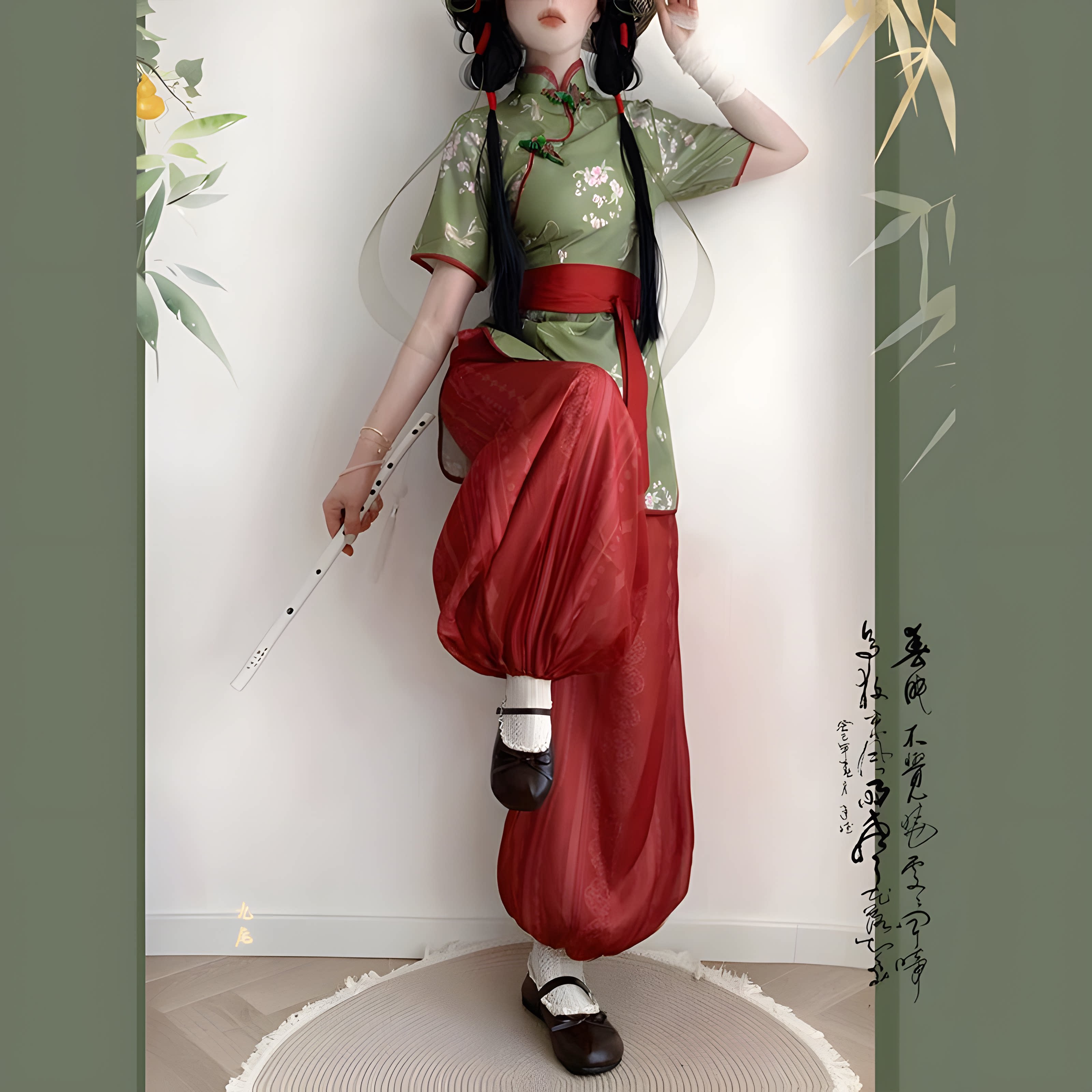汉服女立领旗袍武侠风灯笼裤套装