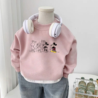 男女童一体绒卫衣秋冬装2025新款儿童纯棉圆领套头衫卡通加绒上衣