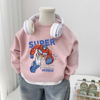 儿童粉色卫衣春秋装2025新款韩版男童洋气上衣中童痞帅纯棉套头衫