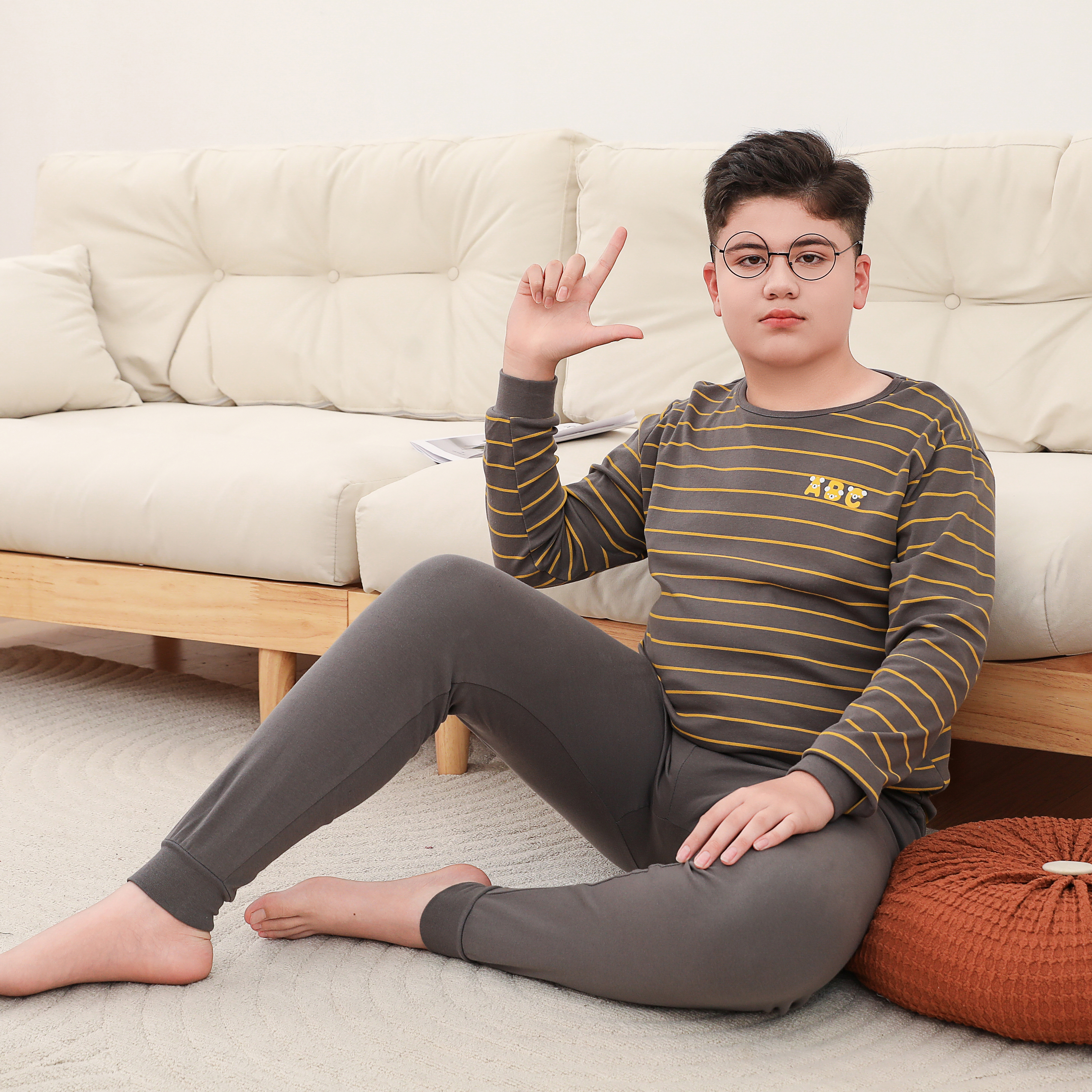 男胖童秋衣秋裤套装纯棉全棉男童加大加肥睡衣儿童中大童保暖内衣