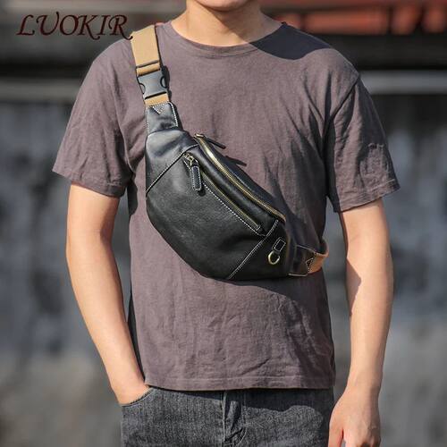 LUOKIR Men's Chest Bag Genuine Leather Casual Fashion Crossb