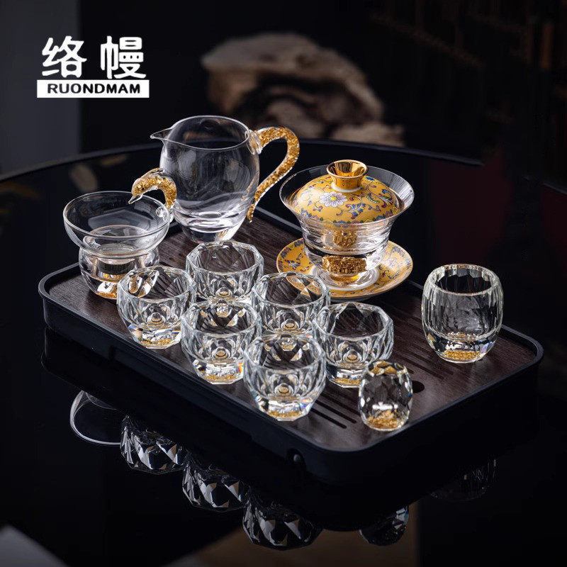 络幔高端水晶玻璃茶具套组灌金箔整套功夫茶具茶杯轻奢盖碗定制