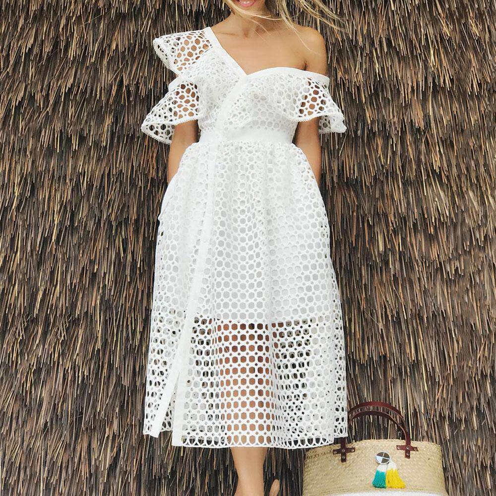 Women sexy Ruffle lace dress 夏镂空性感斜肩荷叶边蕾丝连衣裙