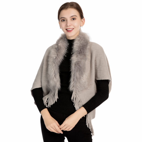 Faux fox fur collar warm monochrome knit suit acrylic tasse
