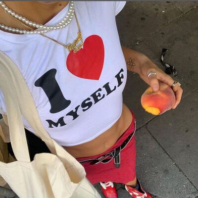 I Love Myself Crop top women欧美派对露脐T恤街头字母纯棉上衣