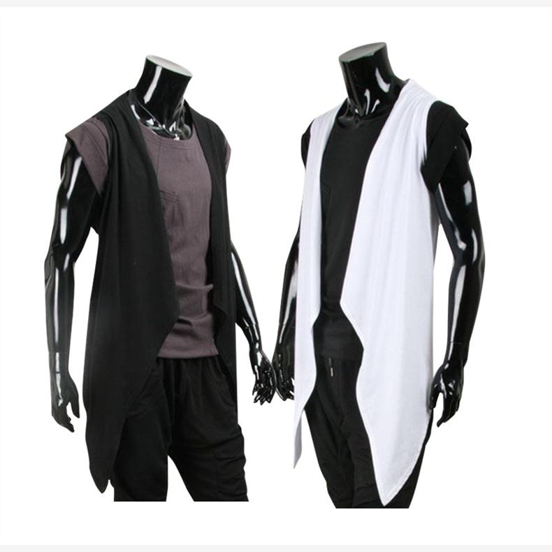 发型师潮男无袖t恤不规则马甲披肩中长款纯棉无袖开衫背心薄外套