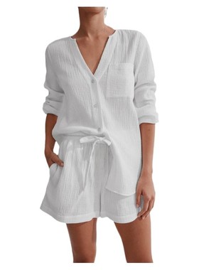 夏白色长袖空调服法式修身纯色套装欧美ins时尚设计女casual suit