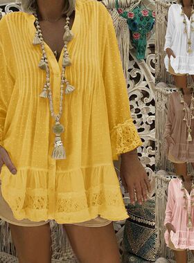 Women new Lace Hollow Longsleeve V-Neck Pleated Shirts Dress