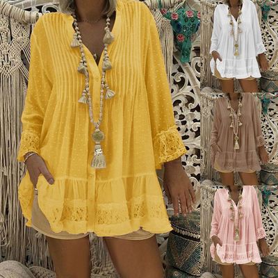 Women new Lace Hollow Longsleeve V-Neck Pleated Shirts Dress