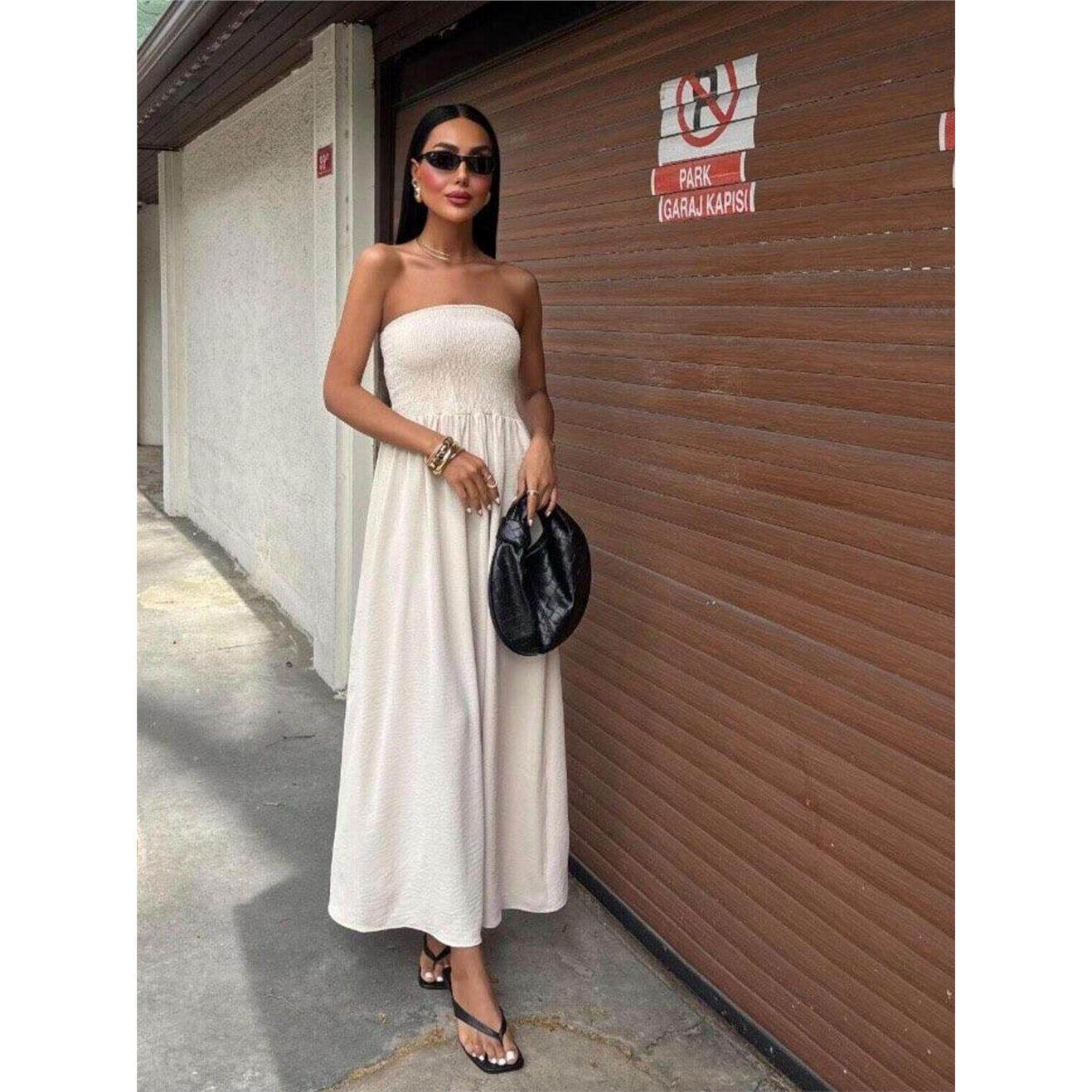 性感Sexy时尚一字领抹胸欧美白色露肩收腰中长款连衣裙礼服DRESS