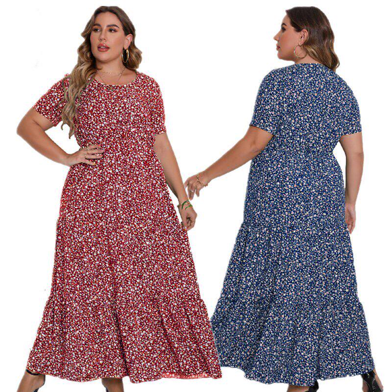 Summer Women's plus size print dresses 大码圆领连衣裙长裙5XL