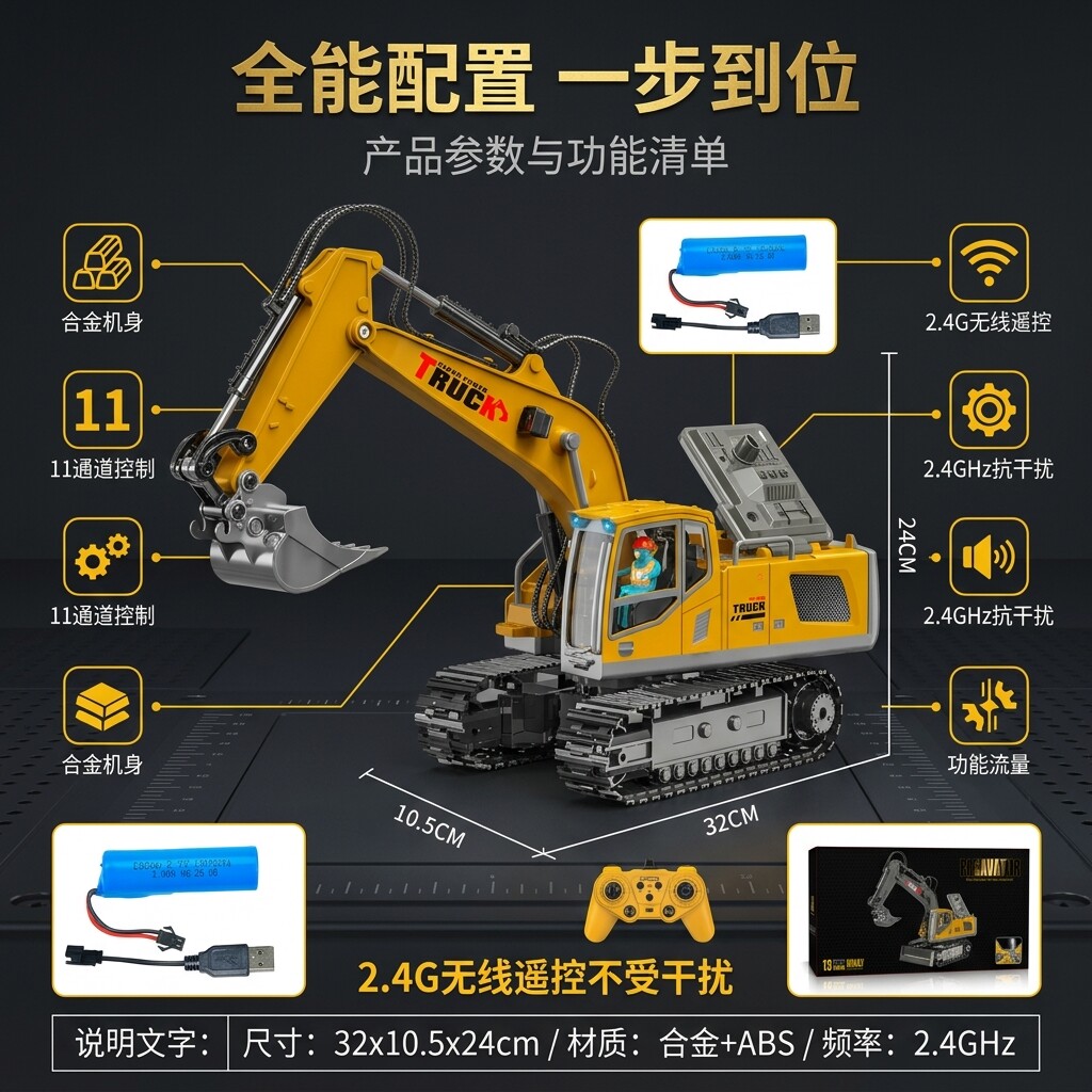 2.4G无线遥控挖掘机11通道合金大号挖土机儿童电动工程车男孩礼物