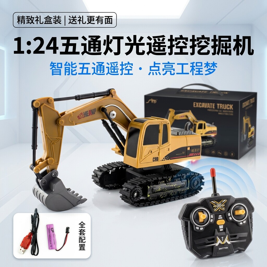 五通遥控工程挖掘机 1:24 仿真履带防滑耐摔声光充电男孩收藏模型