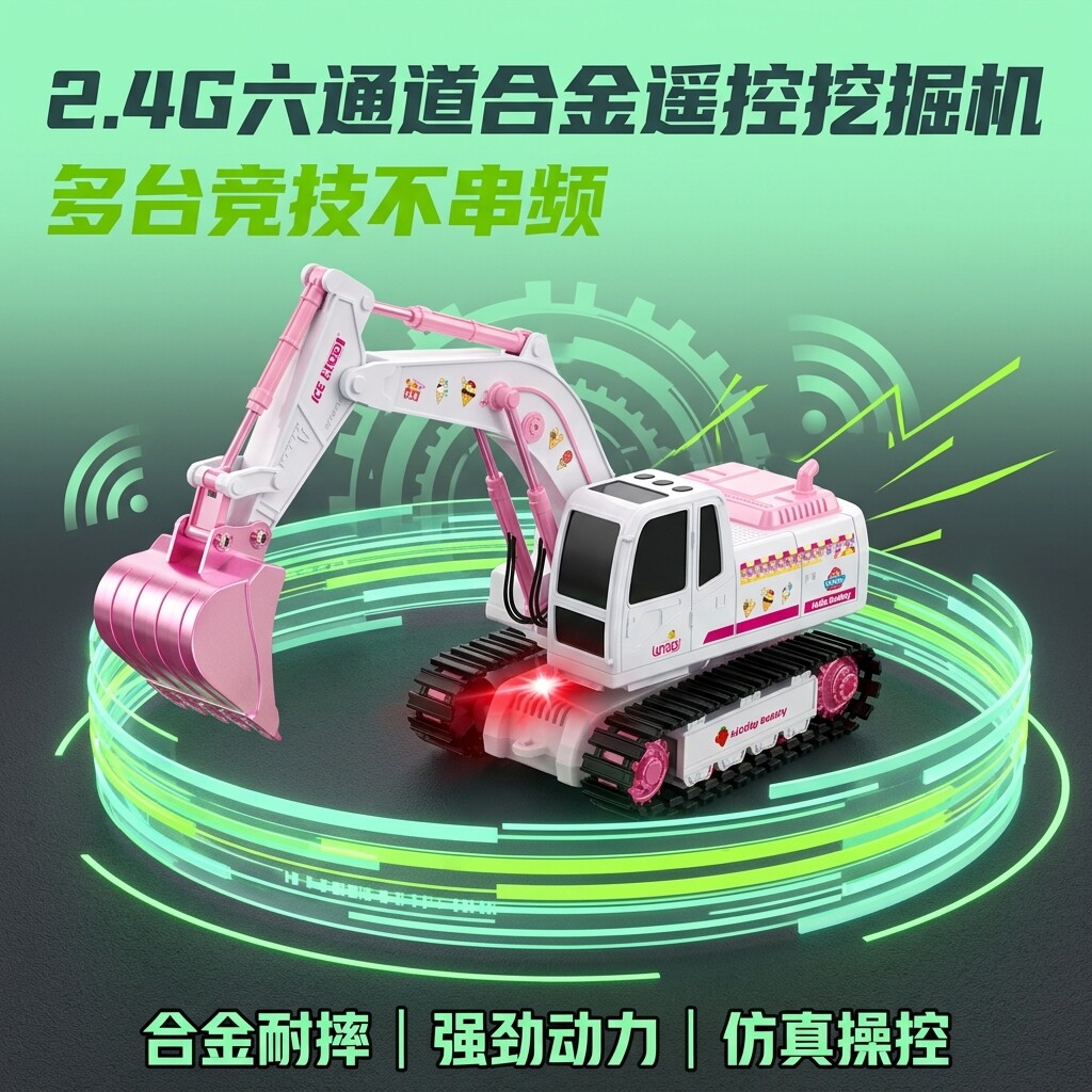 少女心遥控工程挖掘机 360°旋转合金挖斗灯光音效DIY贴纸玩具