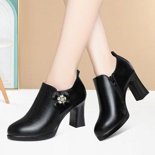 舒适旗袍走秀鞋 新款 圆头女鞋 耐磨轻便深口单鞋 中年防滑女士高跟鞋