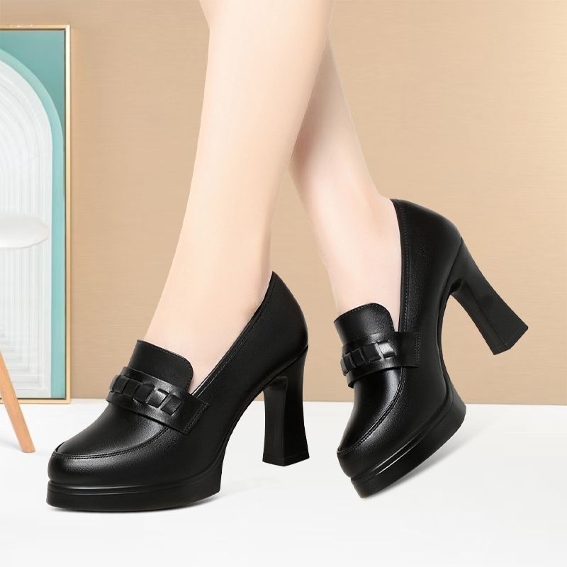 2025黑色百搭经典气质女鞋舒适洋气厚底高跟鞋模特深口走秀乐福鞋